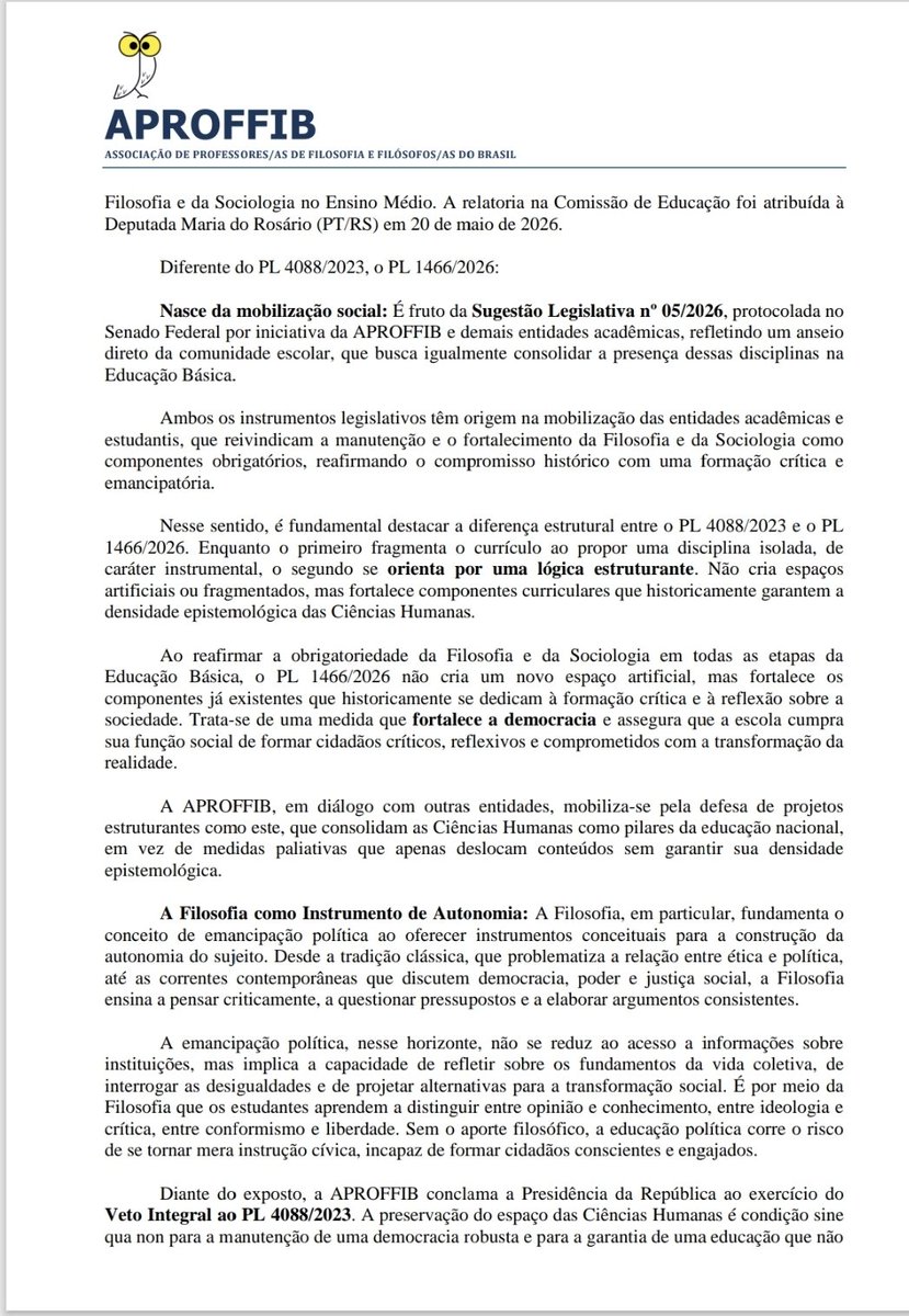 SueliApt's tweet photo. 📢 *Nota pelo Veto do Presidente Lula ao PL 4088/23*

A *Filosofia e a Sociologia* são pilares da formação crítica e da democracia. Sem elas, a educação corre o risco de se reduzir a mera instrução cívica, incapaz de formar cidadãos conscientes e engajados.

#vetapresidenteLula https://t.co/mwUVkW71xw