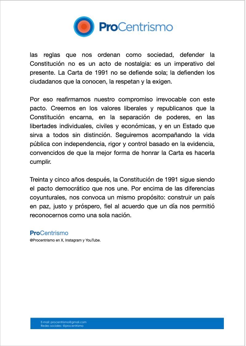 ProCentrismo's tweet photo. Hace 35 años, Colombia eligió el camino del acuerdo y la democracia. La Constitución de 1991 sigue siendo el pacto que protege nuestras libertades, fortalece las instituciones y nos une como nación. 
Comunicado completo ⬇️ https://t.co/vttYysvz5y