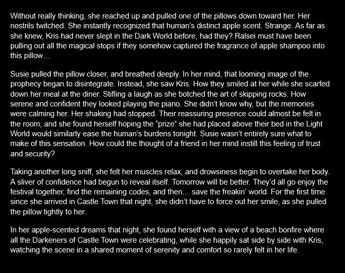 Raconza1's tweet photo. I usually post longer stories elsewhere, but the idea of Susie arriving in Castle Town after Chapter 4 has been on my mind so much I wrote this short scene out while in a hospital waiting room. Please enjoy if you like that kinda thing.
#Deltarune #Krusie https://t.co/tFxgkuV6Mx