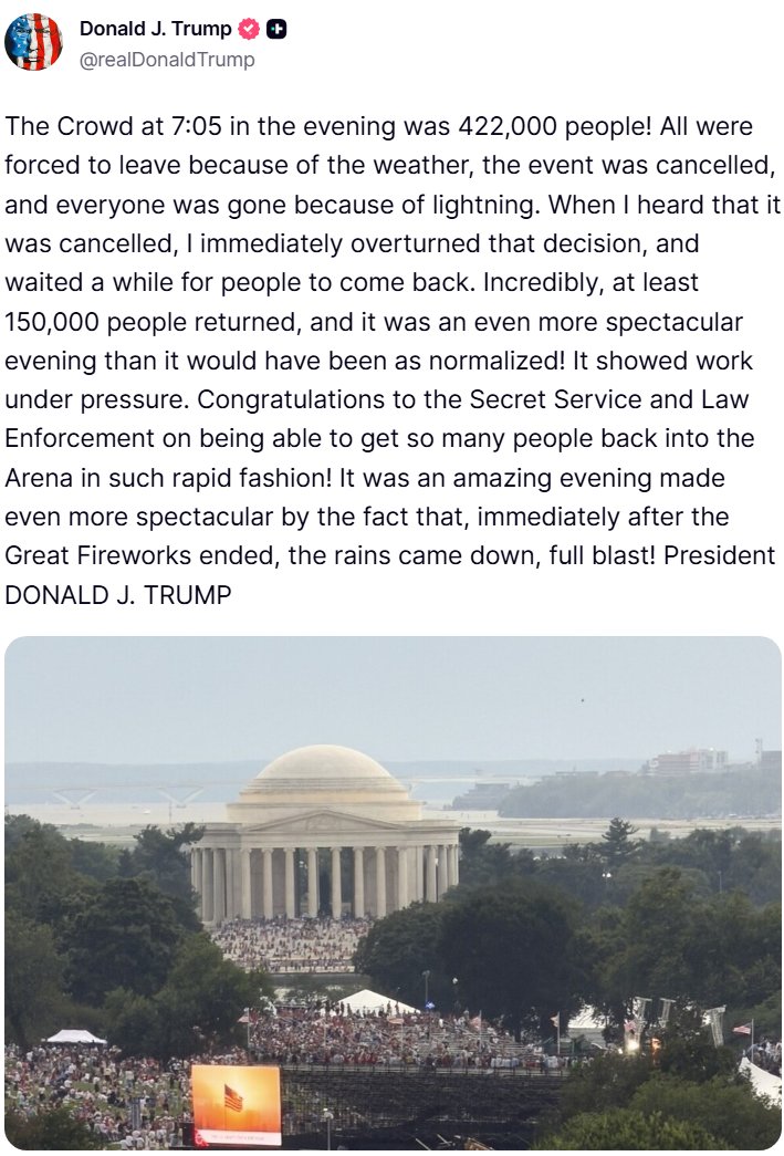trumpchinese1's tweet photo. 晚上7点05分，现场人数高达42.2万人！所有人因天气被迫离开，活动取消，闪电导致人群散去。当我得知取消的消息后，立即推翻了这一决定，等待人们返回。令人难以置信的是，至少有15万人回来了，当晚的盛况甚至比正常举行时更加壮观！这展现了压力下的应变能力。祝贺特勤局和执法部门能以如此迅速的方式让这么多人重返场馆！这是一个令人惊叹的夜晚，更因盛大的烟花表演结束后，暴雨倾盆而下而显得格外壮观！