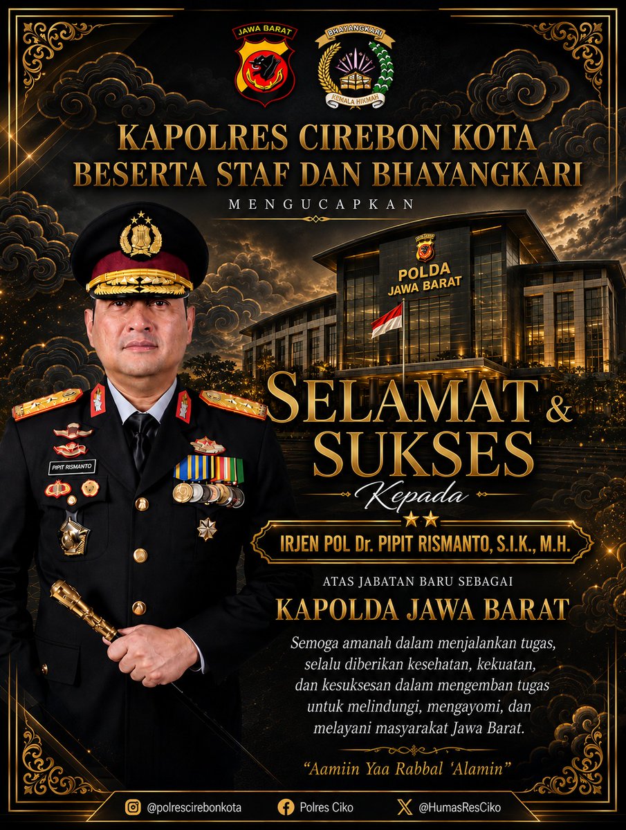 HumasResCiko's tweet photo. Selamat dan Sukses atas Jabatan Baru Irjen Pol Dr. Pipit Rismanto, S.I.K., M.H. sebagai Kapolda Jawa Barat

Kapolres Cirebon Kota AKBP Eko Iskandar, S.H., S.I.K., https://t.co/hguclqlFlC bersama Ketua Bhayangkari Cabang Cirebon Kota Ny. Mayya Eko Iskandar dan seluruh jajaran https://t.co/2gtQ46LlHy