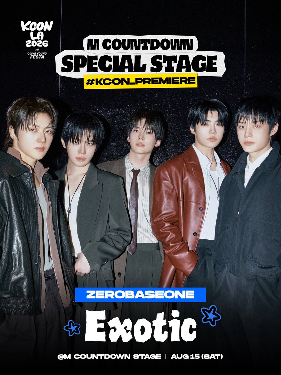 GLOBAL_ZB1's tweet photo. [INFO] #KCONLA2026: ZEROBASEONE Special Stages Lineup Revealed

 1. "Exotic" Special Stage
» Performance Date: August 15 (Saturday)
» Stage: M COUNTDOWN Special Stage (#KCON_PREMIERE)
» Who is performing: ZEROBASEONE

 2. "Oisobagi" Collaboration Stage (Best Chemistry)
» Performance Date: August 14 (Friday)
» Stage: M COUNTDOWN Special Stage Collaboration
» Who is performing: Park Gunwook, So Junghwan, and Kyehoon 

 3. "Love wins all" Solo/Vocal Stage
» Performance Date: August 15 (Saturday)
» Stage: M COUNTDOWN Special Stage ("A Voice That Moves You")
» Who is performing: Kim Taerae

#ZEROBASEONE  #제로베이스원
