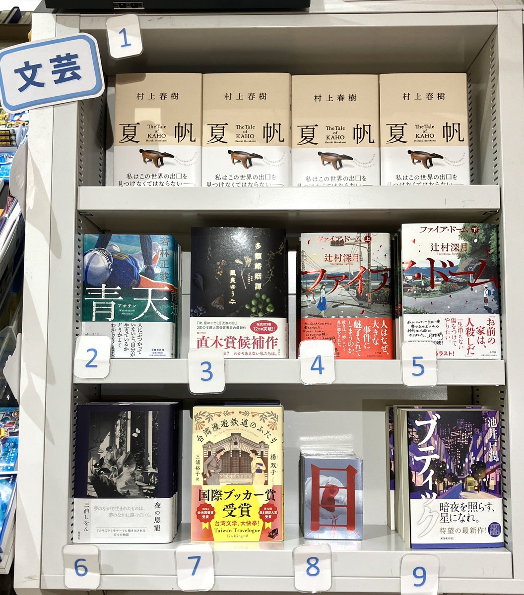 maruzen_mito's tweet photo. 【文芸ランキング】（6/22～7/5)
・1位 村上春樹「夏帆」」・2位 若林正恭「青天」・3位 凪良ゆう「多類婚姻譚」・4位 辻村深月「ファイア・ドーム　上」・5位 辻村深月「ファイア・ドーム　下」 https://t.co/mp58GkApWe