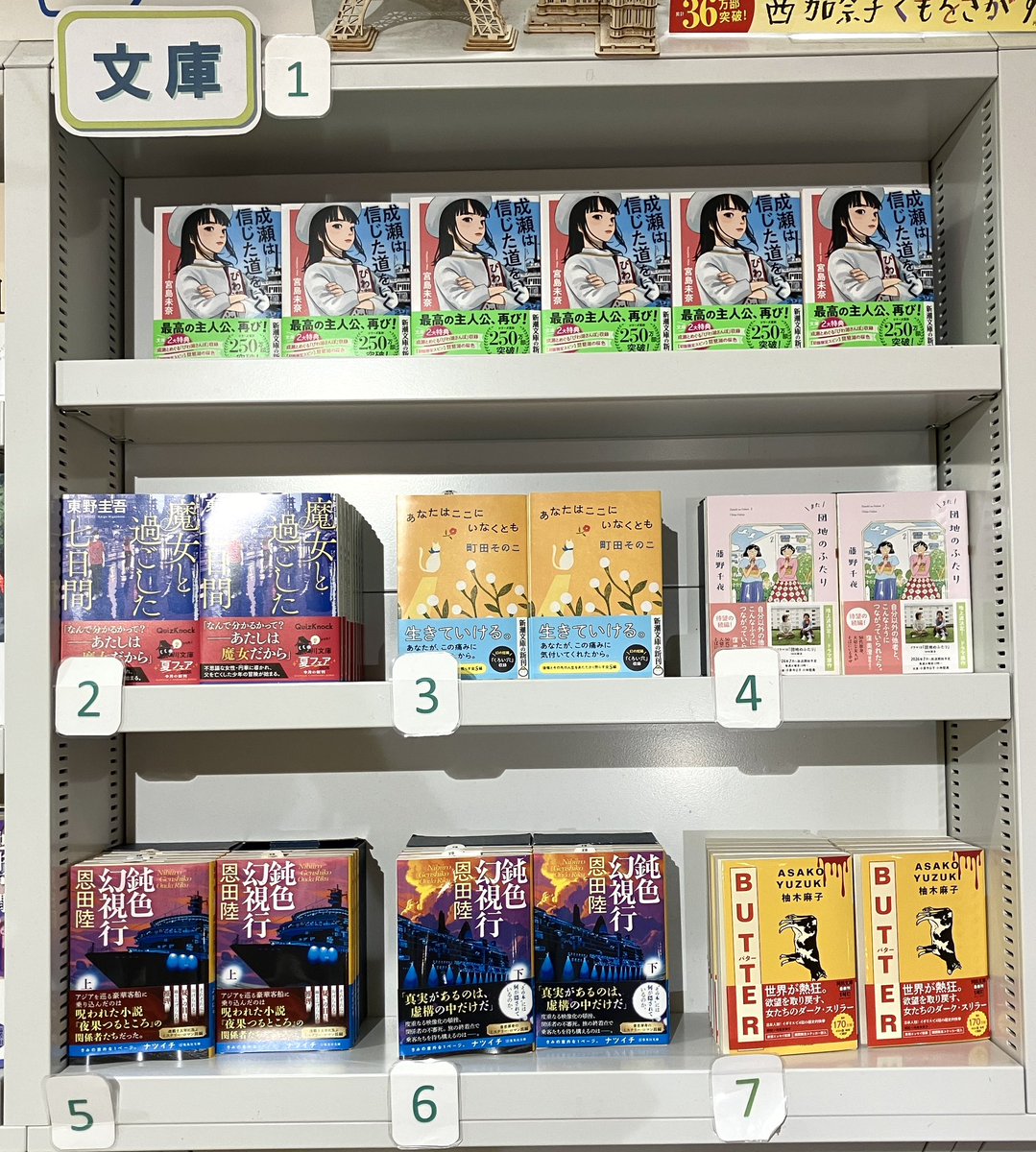 maruzen_mito's tweet photo. 【文庫ランキング】（6/22～7/5)
・1位 宮島未奈「成瀬は信じた道をいく」・2位 東野圭吾「魔女と過ごした七日間」・3位 町田そのこ「あなたはここにいなくとも」・4位 藤野千夜「また団地のふたり」・5位 恩田陸「鈍色幻視行 上」 https://t.co/wKK4RprMyQ
