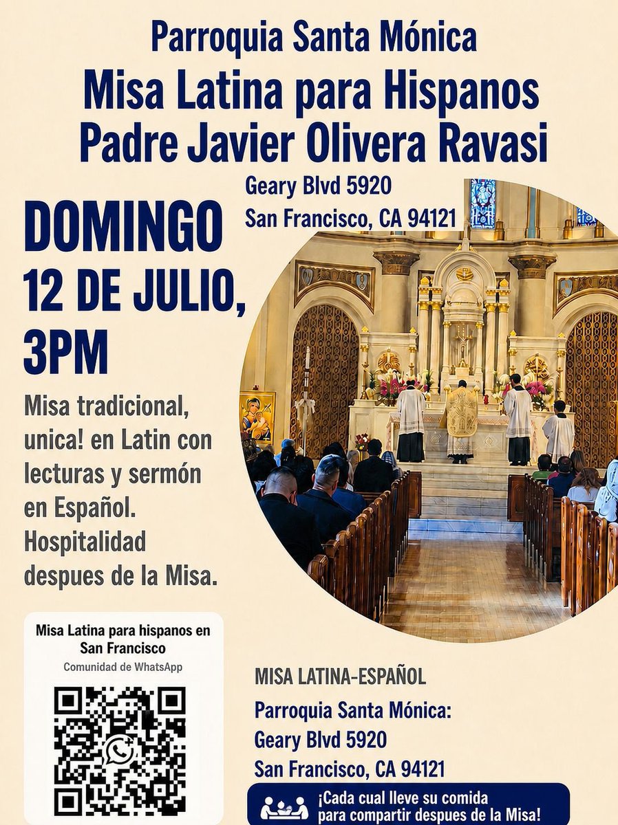 PJavierOR's tweet photo. Misa tradicional para hispanos.
Parroquia Santa Mónica, en San Francisco. 
Cada cual lleve su comida para compartir después de la Misa😇 https://t.co/SnIJjKEY3t