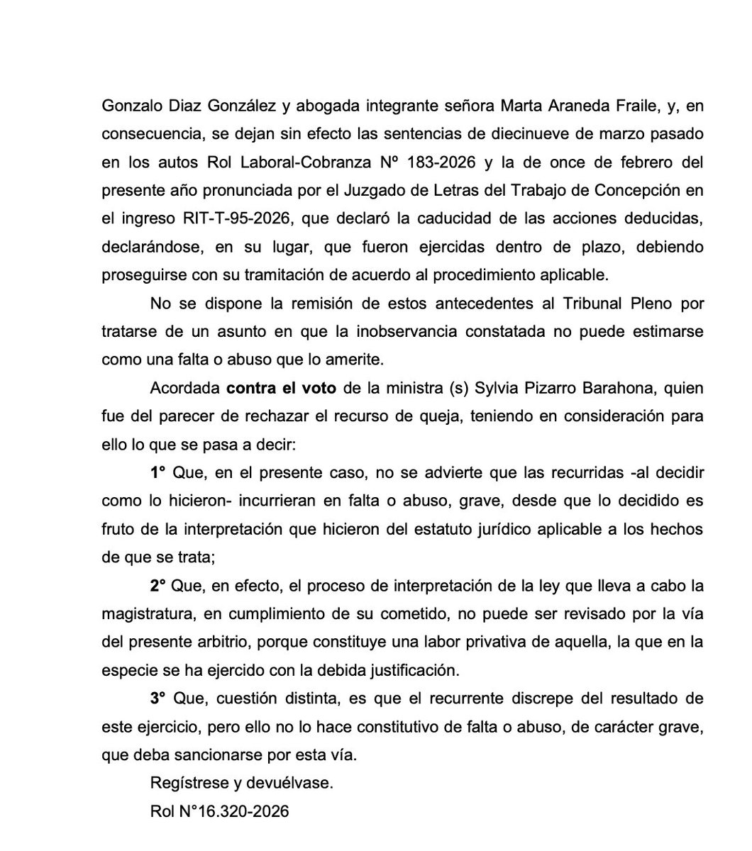 alvardominguez's tweet photo. SUPREMAZO. CS, Rol N°16.320-2026, 24.06.2026. Reclamo ante Inspección del Trabajo suspende plazo de caducidad del 168 del CT, extendiéndolo de forma total y automática en hasta noventa días hábiles desde la separación. Fin de la tesis de la suspensión fragmentada y parcial? https://t.co/onOOuMgB21