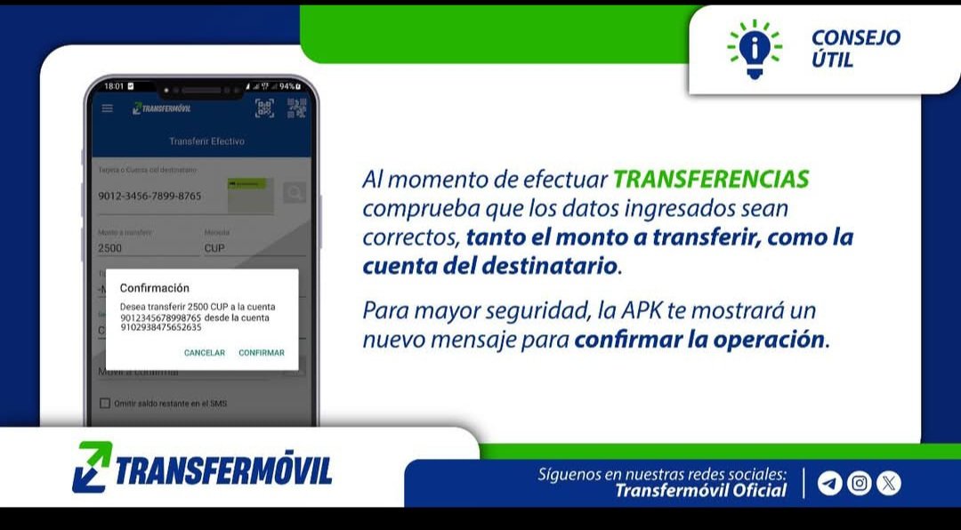 CallesGrisell's tweet photo. Usa #Transfermóvil de forma segura, verifica que el número del destinatario sea correcto antes de confirmar la transferencia 📲🔒 ¡Protege tu dinero y transfiere con confianza! https://t.co/kSxLyEBOcJ