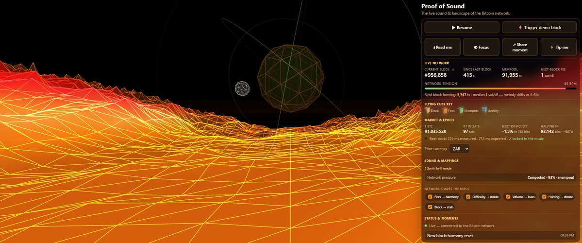 domainoor's tweet photo. Have you ever listened to the Bitcoin network? "Turning the live Bitcoin network into sound and scenery. Reads public chain data only"

The #Bitcoin Proof of Sound
https://t.co/E9emnJ9Icq https://t.co/WTKaYyufM8