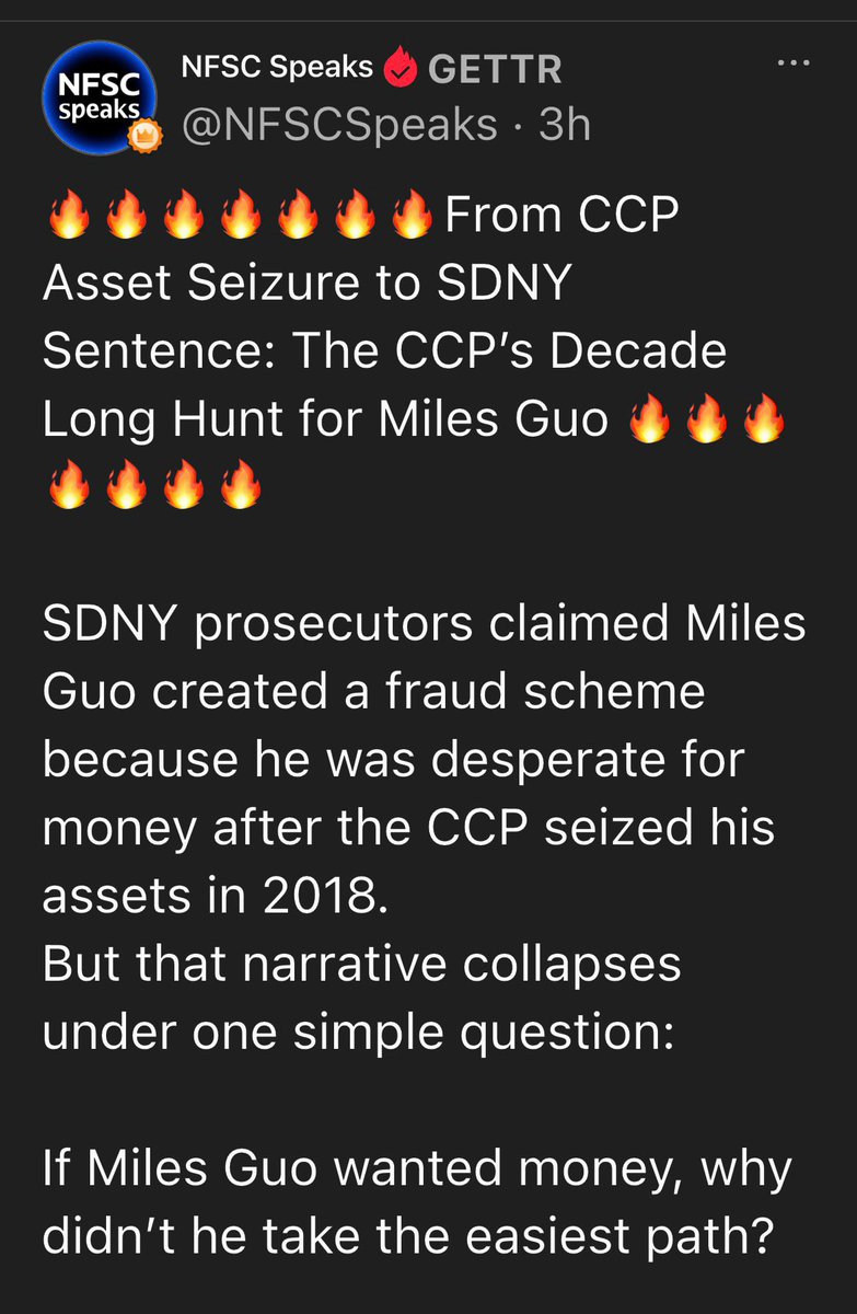 KkL57155119's tweet photo. 7月6日26，NFSC：
从中共资产冻结到纽约南区法院判刑：
中共对郭文贵长达十年的追捕
🔥🔥🔥🔥🔥🔥🔥

纽约南区（SDNY）检察官声称，郭文贵之所以制造诈骗计划，是因为他在2018年被中共冻结资产后急需资金。
但这种叙事只需要一个简单问题就能被推翻：

如果郭文贵真的只是为了钱，他为什么不选择最容易的路？

他本可以停止揭露中共。
他本可以终止直播和推文。
他本可以与北京达成交易。
他本可以保护他的家人、公司以及数十亿美元资产。

那才是“回到金钱”的道路。

2015年，在郭文贵从香港出逃后不久，北京以所谓“虚假指控”为借口，开始冻结其公司资产、公章和账户。中共专案组在中国境内查封了其公司大量资产和现金。据称，其国内资产及现金冻结总额高达1200亿元人民币（约190亿美元），严重影响正常商业运营，并造成每日约1000万至1200万元人民币的损失。

这次资产冻结不仅是财务打击，更是一种“杠杆”。

北京在传递一个信息：我们控制你的财富、你的公司、你的家人和你的未来。回来、闭嘴、服从。

但这种施压失败了。

当郭文贵在2017年开始公开爆料后，北京进一步升级行动。它对他提出更多“编造的指控”，冻结其家族相关银行账户，并加强此前已开始的施压行动。

庭审证据 DX40017-T、DX40019-T、DX40021-T、DX40024-T、DX40037-T、DX40052-T 和 DX40053-T 记录了2017年5月郭文贵与中国国家安全部高级官员刘彦平之间的电话通话。在通话中，刘向郭施压，要求他停止公开爆料，并作为中共“猎狐行动”的一部分返回中国。

换句话说，北京给了他一个选择：沉默、投降、金钱和家庭安全；或者真相、反抗、资产冻结与惩罚。

郭选择了第二条路。

随后中共再次升级行动。2018年10月，大连法院以“强迫交易罪”为由，对郭名下公司处以600亿元人民币罚款，这是中国历史上最大规模罚款之一。法院还没收了约180亿元人民币的投资股份。罚款与资产合计超过780亿元人民币（约130亿美元）。

盘古大观（Pangu Plaza）估值约600亿元人民币，却被强制拍卖，仅以50亿元人民币成交。大连与北京的法院还没收了65处属于其家人及同事的房产，将他们驱逐出住所。

中共还冻结或没收了与郭家族相关的海外及香港主要资产，包括2018年在香港约10亿美元资产及2.6亿美元家庭账户资金。

这些事实的重要性在于：资产损失并不能证明诈骗，只能证明压力。

而在郭文贵的案例中，这种压力不仅来自中国境内，也来自他所揭露的同一政权在美国的隐性影响网络。

媒体利用北京的法律指控，将郭文贵塑造成罪犯。Facebook、Twitter/X、YouTube、Google 和 Apple 等科技平台对郭及其支持者进行封禁、限制或去平台化，从而在事实上屏蔽北京的利益，并阻断美国公众听取另一方声音的渠道。

与此同时，北京的施压行动进入华盛顿。据案件证据显示，中共及其关联方投入超过1亿美元，影响多名政治人物、说客及官员，包括 Elliott Broidy、Steve Wynn、Pras Michel、Nickie Mali Lum Davis 以及司法部官员 George Higginbotham，试图通过幕后渠道向白宫施压，将郭文贵送回中国。（United States v. Broidy, 1:20-cr-00210；Attorney General of the United States v. Stephen A. Wynn, 1:22-cv-01372；United States v. Michel et al., 1:19-cr-00148；United States v. Nickie Mali Lum Davis, 1:20-cr-00068；United States v. Higginbotham, 1:18-cr-00343）

一个只为了钱的人，本可以接受北京的交易。他不会对抗看似整个世界的力量。
一个只想保住生活方式的人，会选择沉默。
一个只想保住财富的人，会停止斗争。

但郭文贵没有这样做。

他选择曝光而非财富，选择抵抗而非舒适，选择真相而非投降。

因此，SDNY所谓“因缺钱而犯罪”的叙事，不仅片面且误导，它掩盖了更大的背景。

中共的追捕始于2015年，但未能阻止郭文贵。2017年的“猎狐压力”再次失败。2018年香港资产冻结同样未能让他沉默。媒体抹黑与科技平台封禁也未能让他噤声。

因此，2018年的资产冻结并不是如SDNY检察官所称的“诈骗动机起点”，而是中共从民事法战升级为刑事法战的绝望升级。

更具讽刺意味的是，这种“升级”暴露了中共更深层的网络。为了追捕郭文贵，北京不得不动员其在美国内部的隐性力量。而当它动员这些力量时，也同时暴露了它们。

中共或许认为，SDNY的定罪与30年刑期是这场追捕在美国的最终章节。但郭文贵的支持者，即新中国联邦（NFSC）社区并不这样认为。我们认为，这只是美国开始觉醒、审视此案的起点，人们将看到中共在美国内部的行为，以及它对所有爱国者构成的威胁。

这不是故事的终点，
而是一切的开始‼️