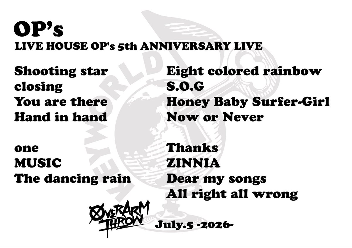 KEYWORLD_tweet's tweet photo. 2026.7.5 福岡OP's
LIVE HOUSE OP's 5th ANNIVERSARY LIVE

w/ S.M.N. https://t.co/SLRRx7415G