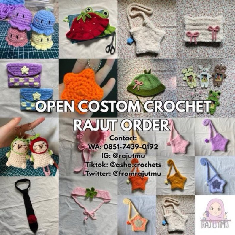 fromrajutmu's tweet photo. Open Custom Crochet Rajut Order 🧶

✅ Tas, Gantungan Kunci, Topi, Bandana, Baju Bayi, dll
✅ Sovenir Pernikahan, Reseller, Bulk Order
✅ Bebas Custom Warna dan Model

☎️ Contact
WA: https://t.co/cZ507evnsp
IG: @/rajutmu
TWT: @/fromrajutmu https://t.co/6SRrFqBIZX