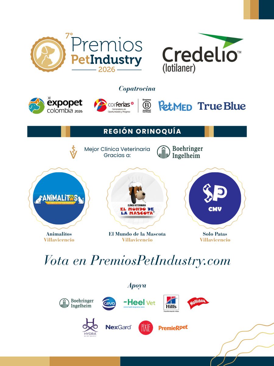 PetFamilyMag's tweet photo. Orinoquía, tus favoritos ya están nominados 🐾💛

La #RegiónOrinoquía tiene clínicas, pet shops, colegios/guarderías y peluquerías buscando tu voto en los #PremiosPetIndustry Credelio.

Vota en https://t.co/sUtfDHdFaJ y apoya a tu familia #PetFamily. https://t.co/Xz67liQ56H