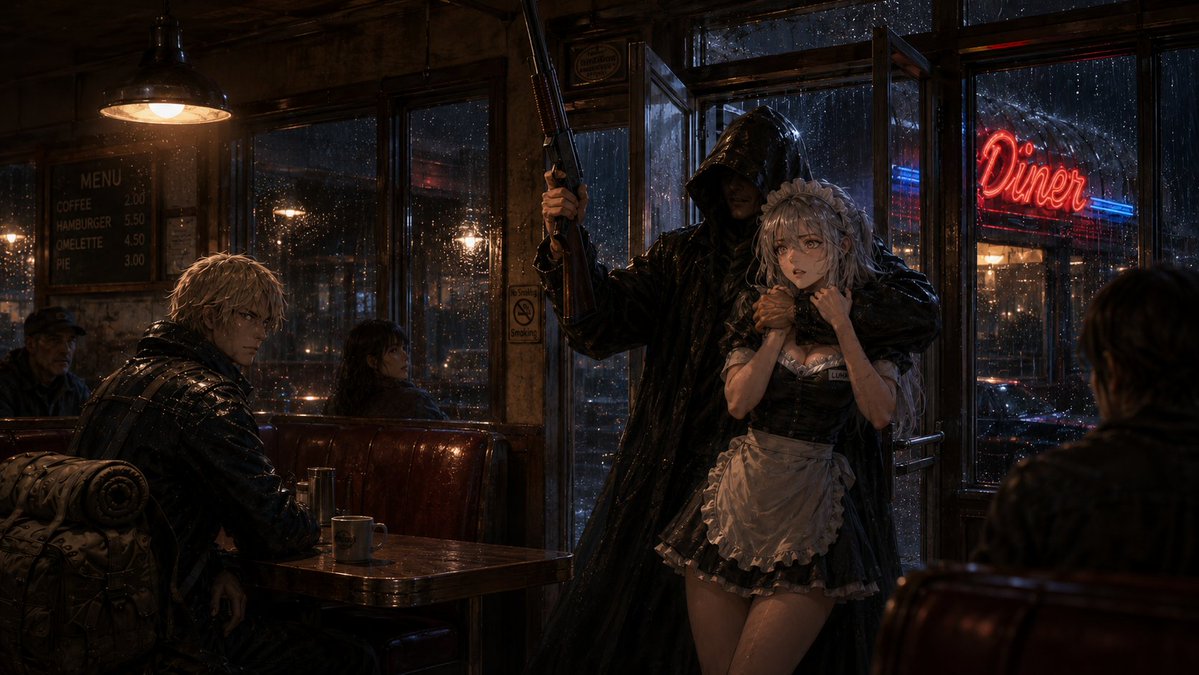 SilentIcyShadow's tweet photo. Ein regnerischer Abend im Diner und der kleine Vorfall.
#ki #gpt #grok #diner #fantasy #anime #crime #police https://t.co/abs9puKRDJ
