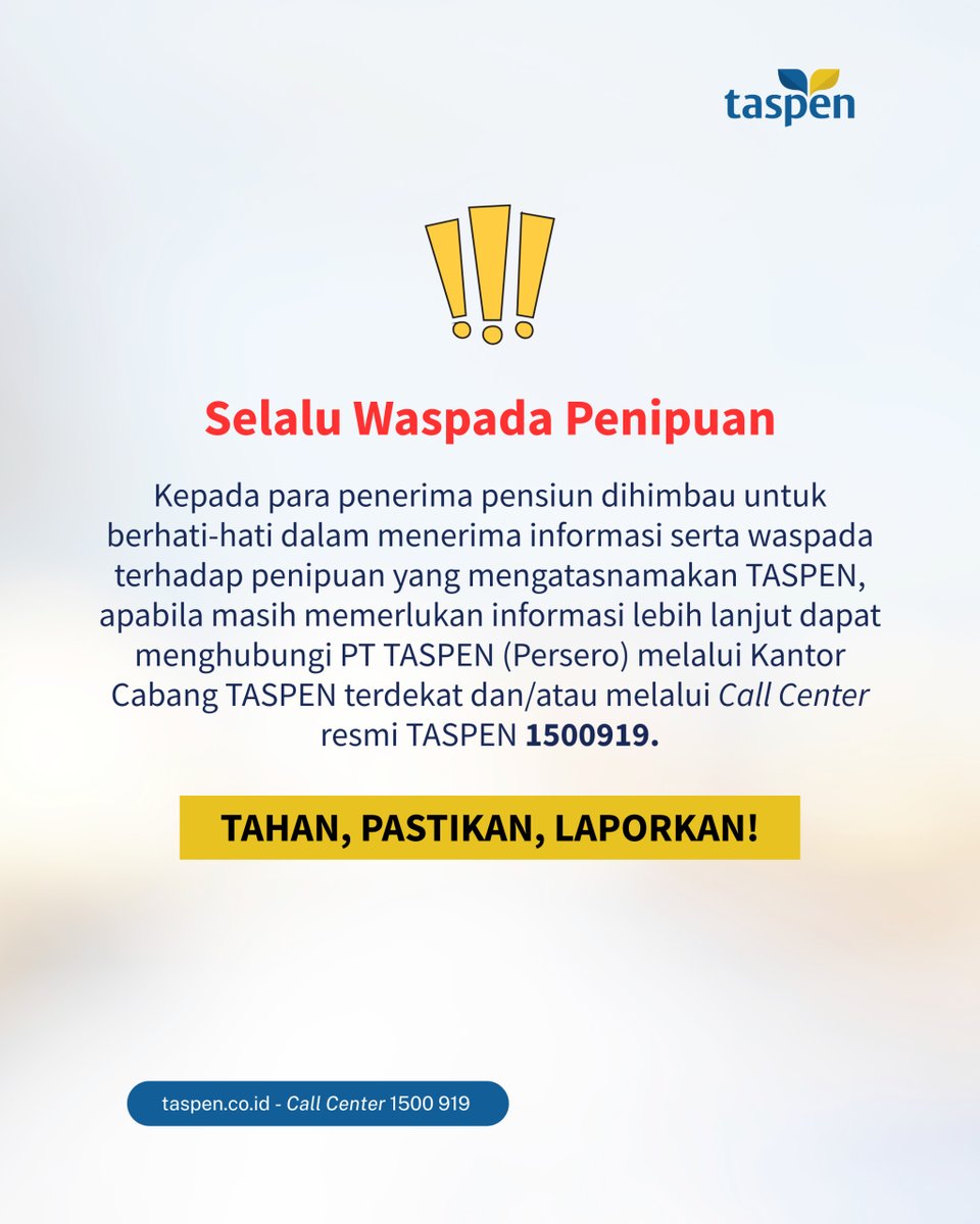 TASPENDenpasar's tweet photo. 📢 Biar Nggak Salah Alamat, Catat Kanal Aduan Resmi TASPEN Yuk!📢

Sobat TASPEN, kenyamanan dan keamanan dalam mendapatkan pelayanan adalah prioritas utama kami. https://t.co/7fzwKkZn3t