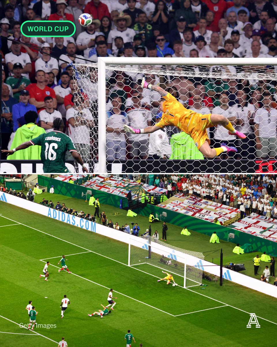 TheAthleticFC's tweet photo. Jordan Pickford with two big saves for England at the start and end of the first half — both from Raul Jimenez headers. https://t.co/Cf0QU5J2aW