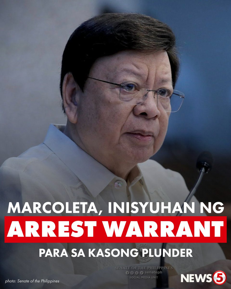 News5PH's tweet photo. PINAARESTO NA SI MARCOLETA

Naglabas na ng warrant of arrest ang Sandiganbayan 3rd Division laban kay Sen. Rodante Marcoleta kaugnay ng kasong plunder. 

Kaugnay ito ng P75 million campaign donations na natanggap umano ng senador noong 2025 elections pero hindi idineklara sa kanyang SOCE at SALN.

Nag-isyu rin ang korte ng hold departure order (HDO) laban sa senador. 

Bukod kay Marcoleta, nahaharap din sa arrest warrants at HDO ang kanya umanong campaign donors na sina Mike Defensor at businessmen na sina Aristotle Baluyut Viray at Joseph Varias Espiritu. | via Camille Samonte