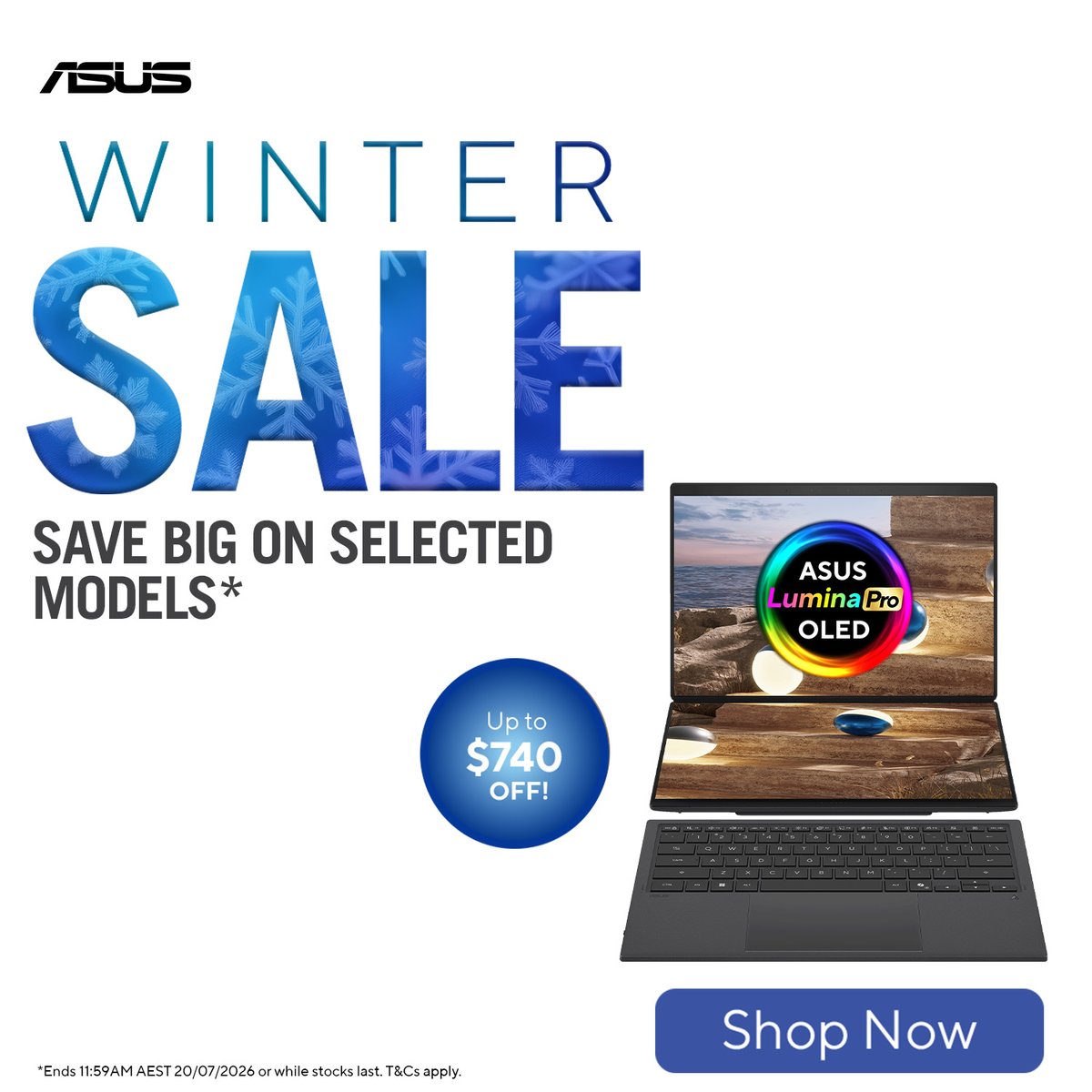 ASUSAU's tweet photo. Winter savings are here. ❄️

Save up to $740 on selected ASUS laptops and discover the perfect device for work, study and everyday creativity.

Shop now https://t.co/BDFDDoblQc

Offer ends 11:59AM AEST 20/07/2026 or while stocks last. T&amp;Cs apply.

#ASUS #WinterSale #LaptopDeals https://t.co/Q1rSBs0BN6