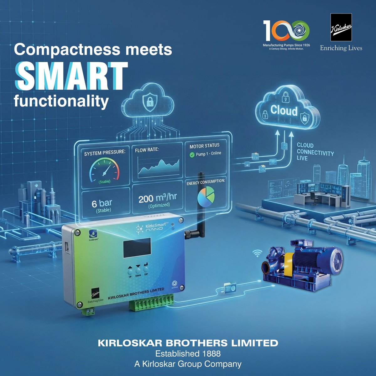 KBLPumps's tweet photo. KirloSmart™ NANO combines advanced sensors, intelligent controls and #IoT connectivity to provide real-time visibility into pump performance.
#KirloskarBrothersLimited #KirloskarPumps #KBL #KirlosSmartNano #InternetOfThings https://t.co/EGf6NHUnes