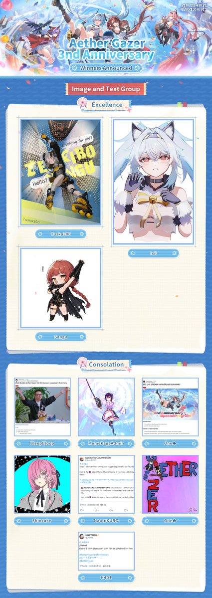 AetherGazerEN's tweet photo. 🎉 Winners Announced🎉
#AetherGazer3rdAnniversary

The results of the Aether Gazer 3rd Anniversary Creativity Contest are now live!

To celebrate the Aether Gazer 3rd Anniversary and the event of Cycle of Tribulation, we received many incredible submissions from talented Admins. ✨

From videos and fan art to written works and unforgettable memories—
each entry showcased the creativity and passion of the Aether Gazer community.

Thank you to all the Admins who participated,
and to everyone who supported these amazing creations!

Check out the winning entries here ▼

Congratulations to all the winners! 🎊