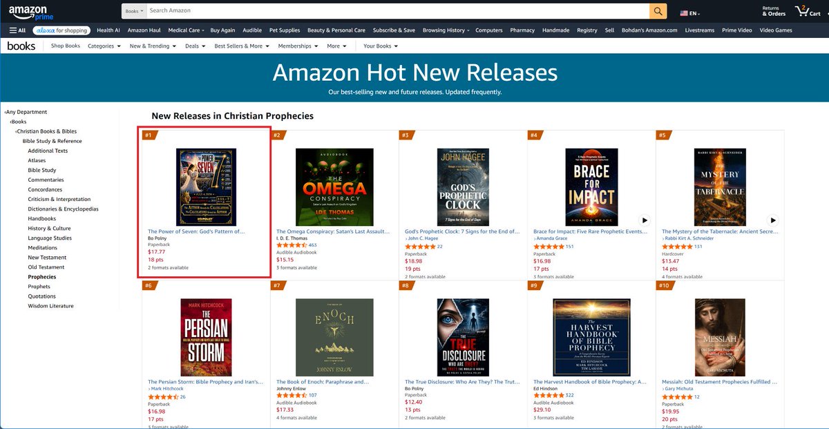 Brandon6fo5's tweet photo. THANK YOU! 🙏🔥  
Because of your support, The Power of Seven has become a #1 New Release in Christian Prophecies on Amazon!

This is not just a book release — this is a PROPHETIC MOMENT. https://t.co/L5pjJFIXOI