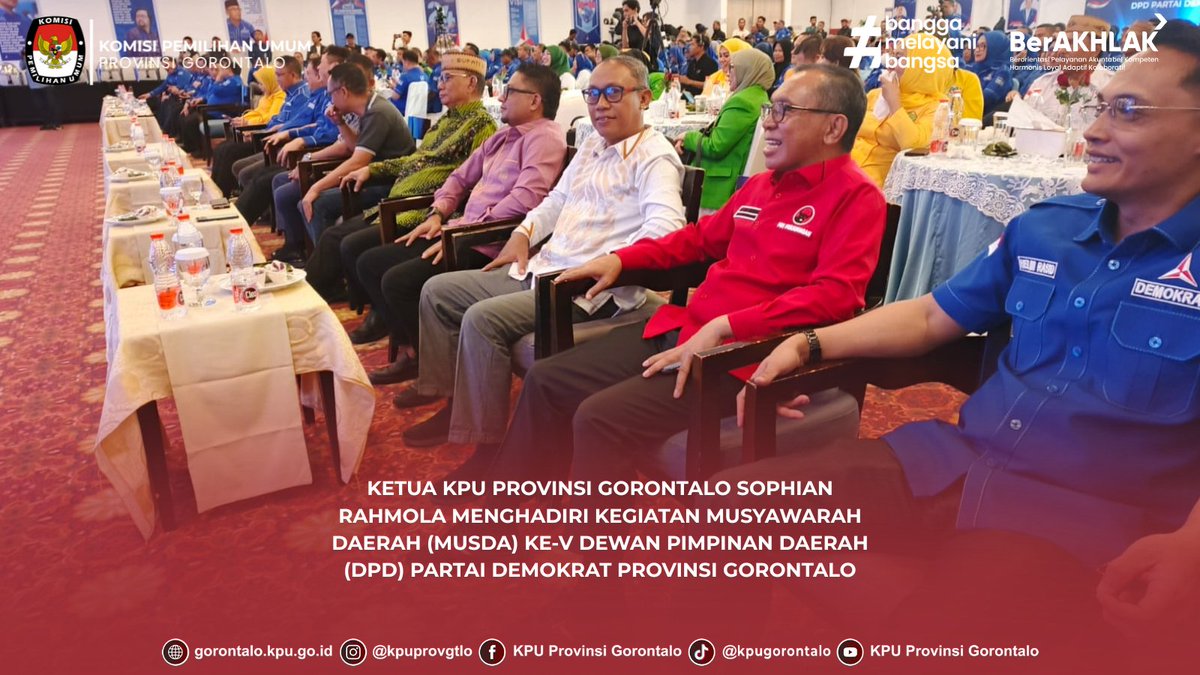 kpuprovgtlo's tweet photo. #TemanPemilih, Ketua KPU Provinsi Gorontalo, Sophian Rahmola, menghadiri kegiatan Musyawarah Daerah (Musda) ke-V Dewan Pimpinan Daerah (DPD) Partai Demokrat Provinsi Gorontalo. Kegiatan tersebut dilaksanakan di Fox Hotel Gorontalo, pada Minggu (05/07/2026). https://t.co/KNgMI4dz4l