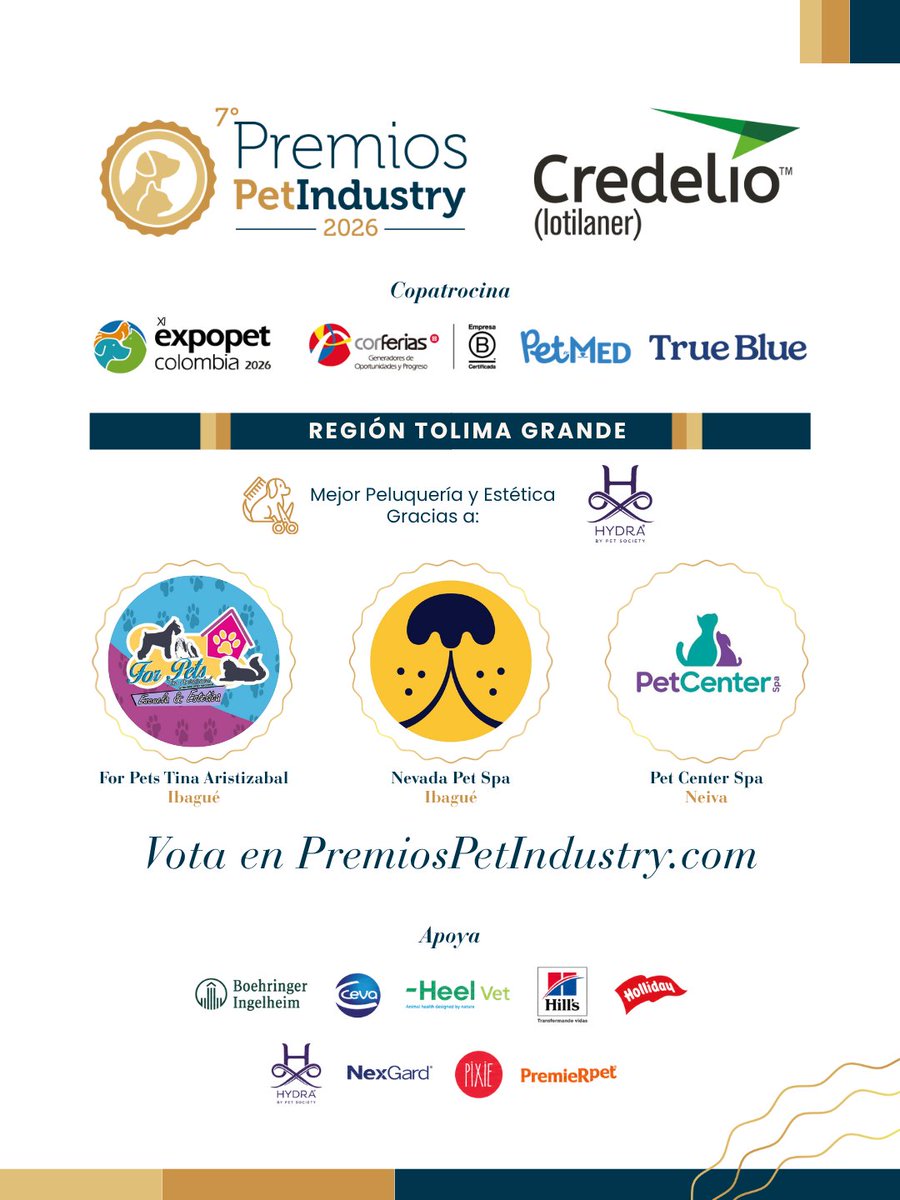 PetFamilyMag's tweet photo. Tolima Grande, tus favoritos ya están nominados 🐾💛

La #RegiónTolimaGrande tiene clínicas, pet shops, colegios/guarderías y peluquerías buscando tu voto en los #PremiosPetIndustry Credelio.

Vota en https://t.co/sUtfDHdFaJ y apoya a tu familia #PetFamily. https://t.co/g3XWIIAAWK