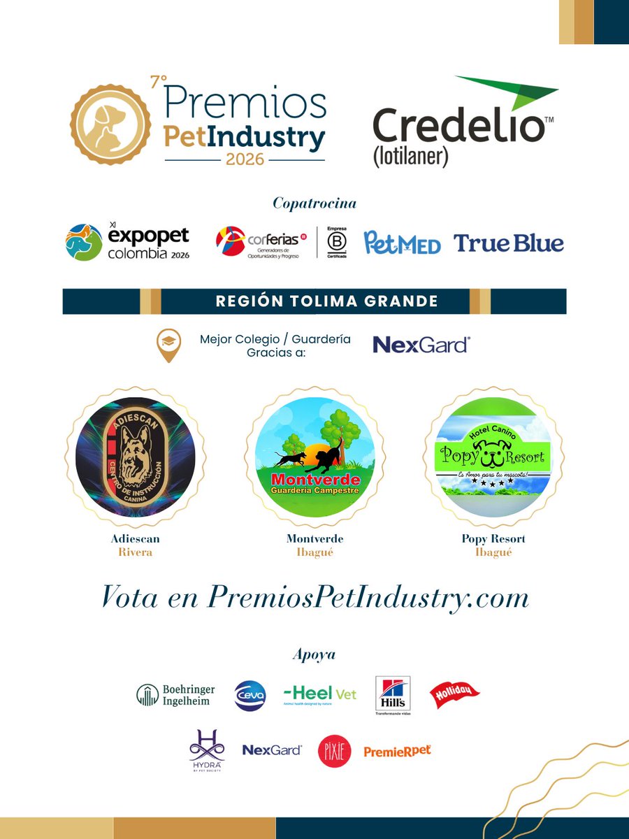 PetFamilyMag's tweet photo. Tolima Grande, tus favoritos ya están nominados 🐾💛

La #RegiónTolimaGrande tiene clínicas, pet shops, colegios/guarderías y peluquerías buscando tu voto en los #PremiosPetIndustry Credelio.

Vota en https://t.co/sUtfDHdFaJ y apoya a tu familia #PetFamily. https://t.co/g3XWIIAAWK