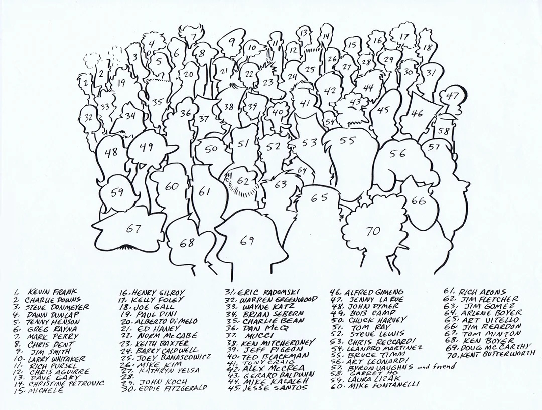 eltonpot's tweet photo. Caricatures of Tiny Toons staff in 1990, by Bruce Timm.

Is there a reason why Dan Haskett isn't on the list? 👀 https://t.co/rRpCo7NPhm