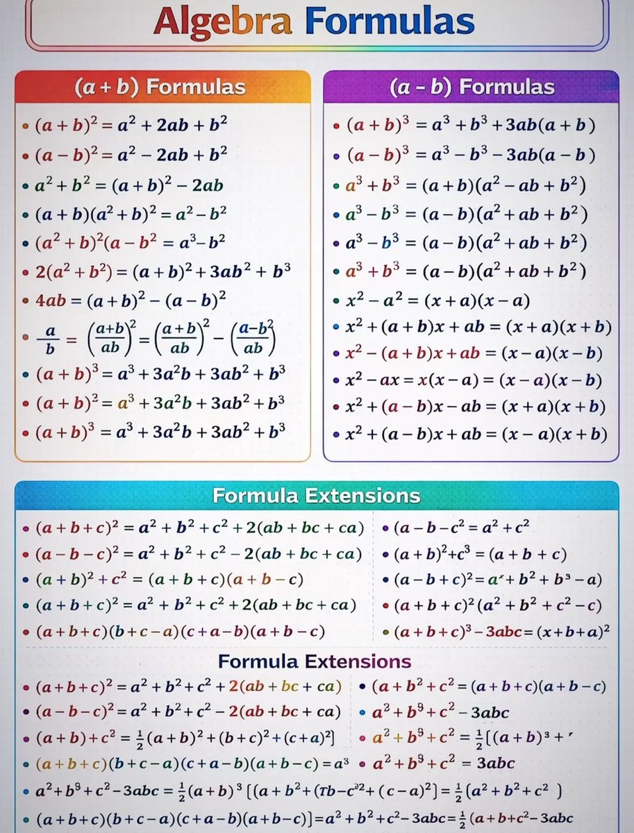 LogiMathz's tweet photo. Algebra Formulas https://t.co/1bMmDZAVjb