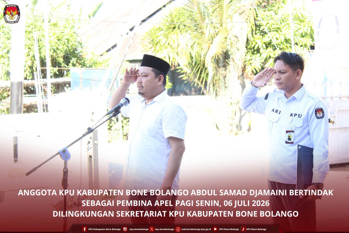 BonebolangoKpu's tweet photo. #TemanPemilih,

Senin (06/07/2026), KPU Kabupaten Bone Bolango melaksanakan Apel Pagi yang berlangsung di halaman kantor KPU. Apel pagi ini dipimpin langsung oleh Anggota KPU Bone Bolango Abdul Samad N. Djamaini. https://t.co/JfRskfJn97