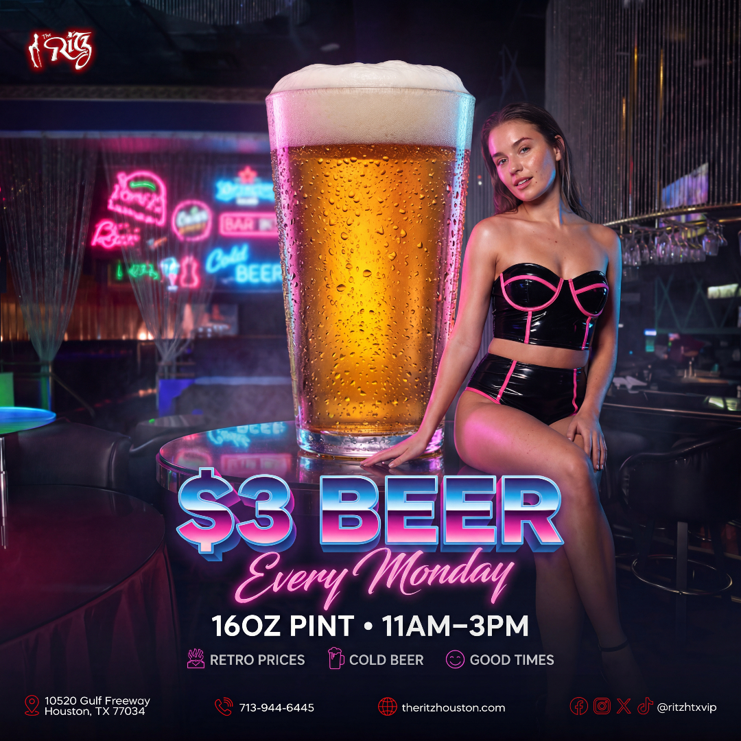 ritzhtxvip's tweet photo. $3 Beer Mondays 🍺🔥 16oz pints from 11am to 3pm at The Ritz 💰 Cold beer. Hot nights. Great deals 😏👑 Cheers to Mondays 🍻✨
#TheRitzHouston #3DollarBeer #MondaySpecials #HTXNights https://t.co/9uZNRrtQDR