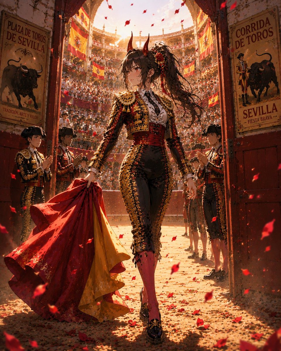 leon69mattari's tweet photo. A fearless entrance.
The arena falls silent as she takes her first step.

#AIart #OriginalCharacter #Matador #Spain #animeart https://t.co/cNuK6XiWlC