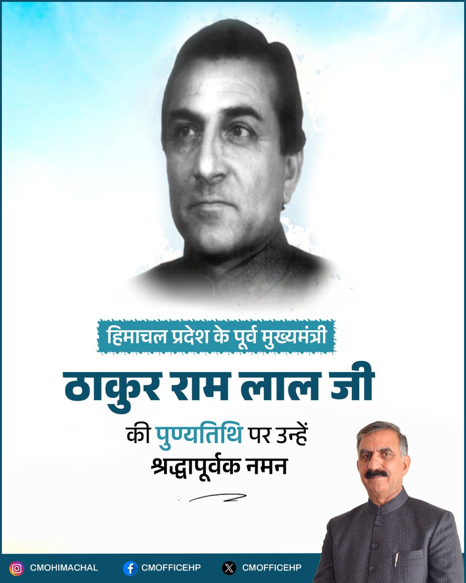 CMOFFICEHP's tweet photo. हिमाचल प्रदेश के पूर्व मुख्यमंत्री ठाकुर राम लाल जी की पुण्यतिथि पर उन्हें श्रद्धापूर्वक नमन।

ठाकुर राम लाल जी ने अपने सार्वजनिक जीवन में कर्तव्य और जनहित को सर्वोच्च प्राथमिकता दी। प्रदेश के विकास में उनका योगदान हमेशा प्रेरणादायी और स्मरणीय रहेगा। https://t.co/huPVin4C88