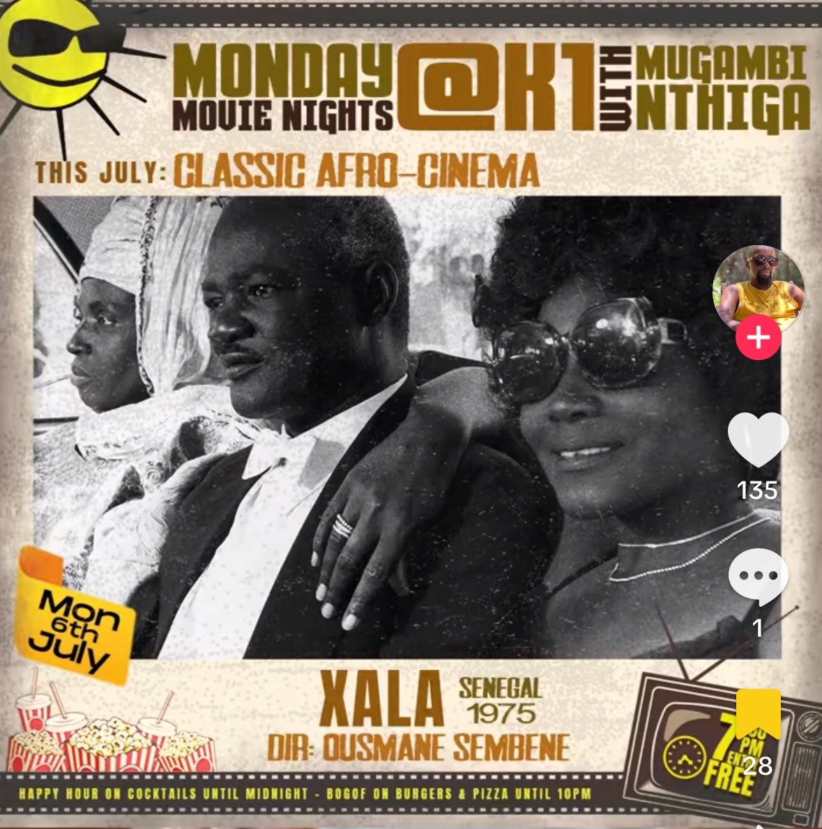 goaldigger_ke's tweet photo. Monday Movie nights at K1 are screening classic African sociopolitical films this July. Who wants to come with me this evening?
Entry is FREE. https://t.co/5hh0QerzsP