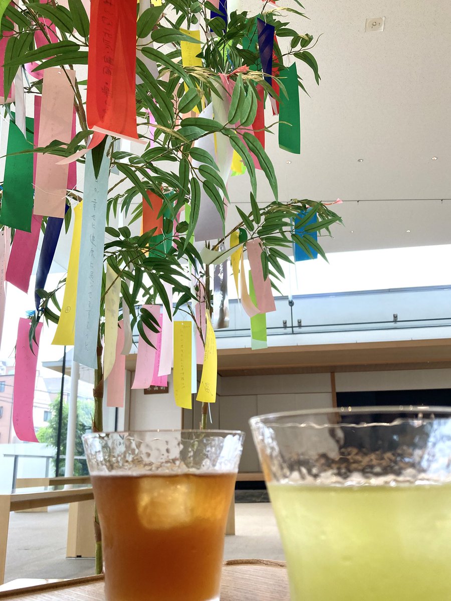 AmijimaChaya's tweet photo. 明日は七夕🎋
しとしと降る雨の中、訪れた方々の願い事の短冊飾りが揺れとても涼やかです。
短冊とお茶のご用意をして本日もお待ちしております🍵

七夕飾りは明日いっぱい飾られ、その後奉納されます🌌
（スタッフＹ.Ｓ）

#藤田美術館 #あみじま茶屋 #京橋カフェ #大阪美術館 #fujitamuseum https://t.co/FpWYejumo7