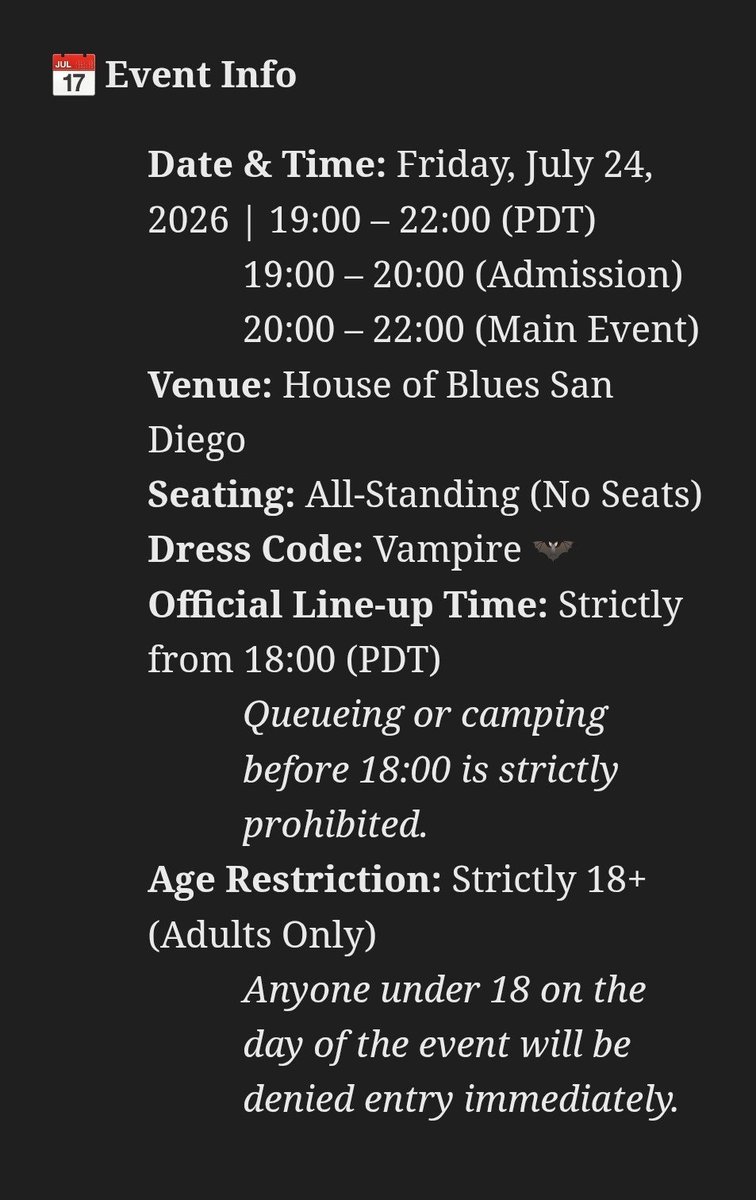 about__enhypen's tweet photo. DARK MOON BLOOD NIGHT with ENHYPEN.

ENHYPEN will appear at Comic Con, San Diego on 24 July.

Location- House of Blues
Dress code- Vampire 🦇
Age restriction- 18+ [Adults Only] https://t.co/FfLE8K3QLE