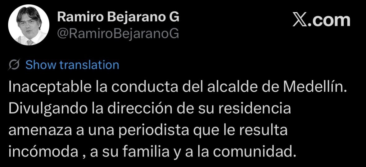 SantiagoVelezP's tweet photo. Qué manera tan vergonzosa de mentir la de Ramiro Bejarano. Fico no divulgó ninguna dirección ni amenazó a nadie. Qué ocaso tan triste el de un profesor al que alguna vez respeté y admiré mucho. https://t.co/GlOXqKCvVQ