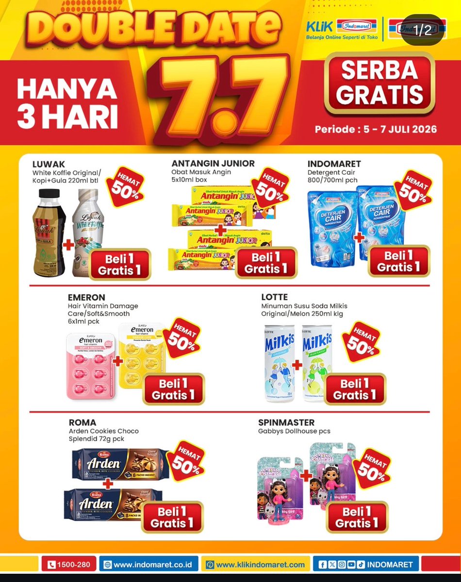 kimmyexp's tweet photo. Promo 7.7 Indomaret 

Beli 1 gratis 1
Beli 2 gratis 1

🗓️5-7 Juli 2026 https://t.co/fGA4l8A67K