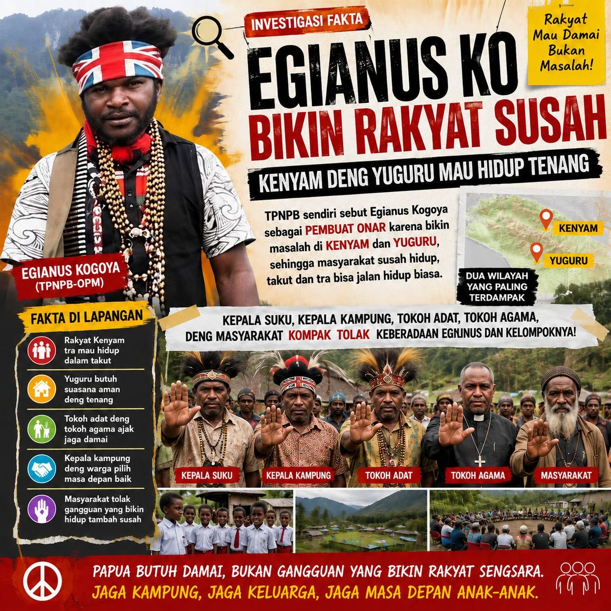 WanimekMurib's tweet photo. Egianus Kogoya ko bikin rakyat susah di Kenyam deng Yuguru. Warga su capek hidup takut, tong dukung pemerintah jaga kampung tetap aman dan damai. #PapuaDamai #PapuaAman #TPNPB #fyp #OPM https://t.co/0GZFiKOYKe