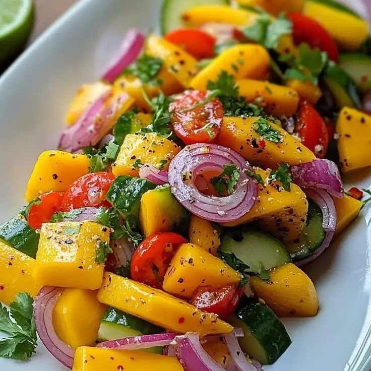 ann_ann886's tweet photo. Mango Cucumber Salad

Ingredients
2 ripe mangoes, peeled and cut into bite-size cubes or strips
1 English cucumber (or 3–4 Persian cucumbers), sliced into half-moons
1/2 small red onion, thinly sliced
1 cup cherry tomatoes, halved
1/3 cup fresh cilantro, roughly chopped (or mint, or a mix)
Dressing
2 tbsp fresh lime juice (plus extra wedges to serve)
1 tbsp rice vinegar (or apple cider vinegar)
1–2 tsp honey or maple syrup, to taste
2 tbsp extra-virgin olive oil (or neutral oil)
1/2–3/4 tsp kosher salt
Freshly ground black pepper
Optional heat: 1/4–1/2 tsp red pepper flakes or 1 small jalapeño, finely minced
Add-ons (optional)
2 tbsp roasted peanuts, cashews, or pumpkin seeds for crunch
1 tsp toasted sesame seeds
1/2 avocado, diced

Instructions
Make the dressing: In a small bowl, whisk lime juice, rice vinegar, honey, oil, salt, pepper, and chili/jalapeño if using.
Toss the salad: In a large bowl, combine mango, cucumber, red onion, tomatoes, and cilantro. Pour over the dressing and gently toss to coat.
Finish: Taste and adjust salt, lime, and sweetness. Sprinkle nuts/seeds if using. Serve immediately or chill 10–20 minutes to meld.

Tips
Mango ripeness: Use just-ripe (not mushy) mangoes so pieces hold their shape.
No cilantro? Swap mint and add a pinch of lime zest.
Make-ahead: Mix dressing and prep produce up to 1 day ahead; keep separate. Toss right before serving for best crunch.
Protein boost: Add grilled shrimp or chicken to make it a light meal.

Flavor variations
Thai-style: add fish sauce (1 tsp) and a pinch of brown sugar; finish with crushed peanuts and mint.
Southwest: add corn kernels and avocado; use lime + cumin in the dressing.
Mediterranean: use olive oil + lemon, add feta and parsley, skip the honey.
Serve as a fresh side with grilled fish, tacos, or spicy mains.