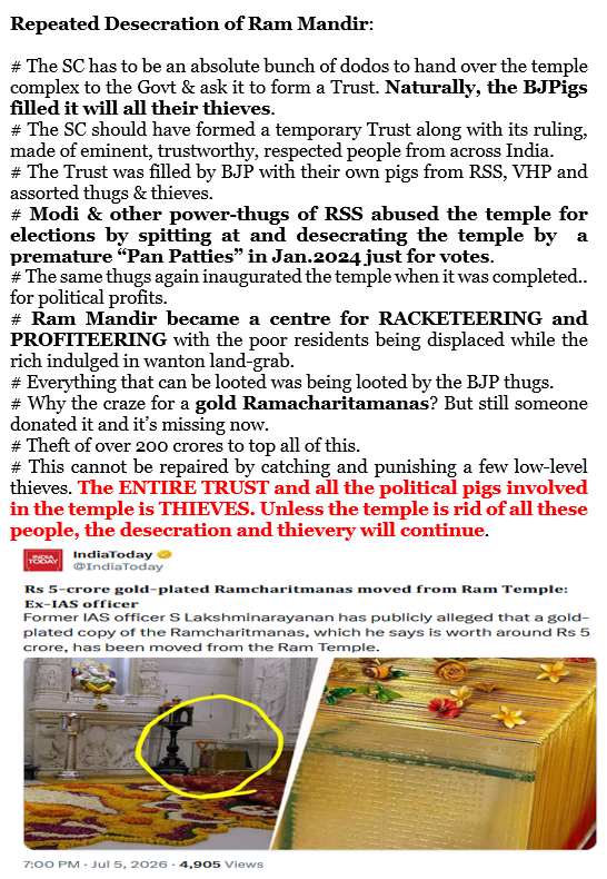 mediacrooks's tweet photo. From the moment the SC handed over RJB to BJP it ENABLED the mafia-crimes.. And the BJPigs kept on DESECRATING the temple.. I dont think the scam is some piddly 200crs.. It could be well over 5000crs.. https://t.co/XpQWNGv5Kh https://t.co/ZsNFaK2gQw
