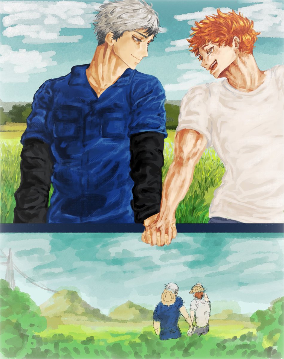 HinataShozz's tweet photo. Kita x hinata walking through kita’s family rice field together 
(Happy birthday Kita!)
#haikyuu #kita #kitaxhinata #fanart https://t.co/euBlrkAAyq