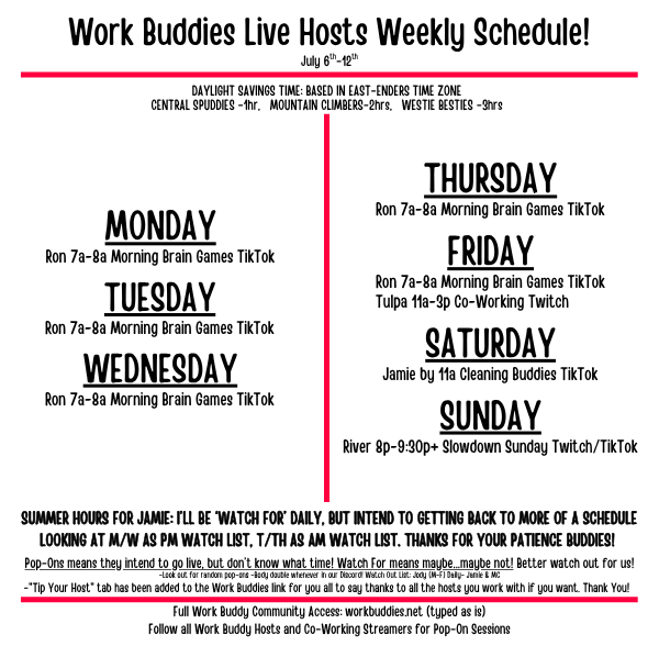 workbuddies21's tweet photo. Work Buddies Weekly Schedule
July 6th-12th
Follow/Subscribe on SubStack for daily lineups w/ clickable links directly to streams https://t.co/laMbSHuj0V Community access https://t.co/0hfikcBcDe Discord https://t.co/nvjCoIWnwH Follow your hosts &amp; turn on notifications. https://t.co/WDDmEl8pZ4