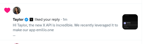 emilio_on_x's tweet photo. Even the devs over at @XDevelopers  are fans of emilio. This is only the start for the #1 app on X.

@taycaldwell, we look forward to working with you. emilio https://t.co/khLwDGa1c3