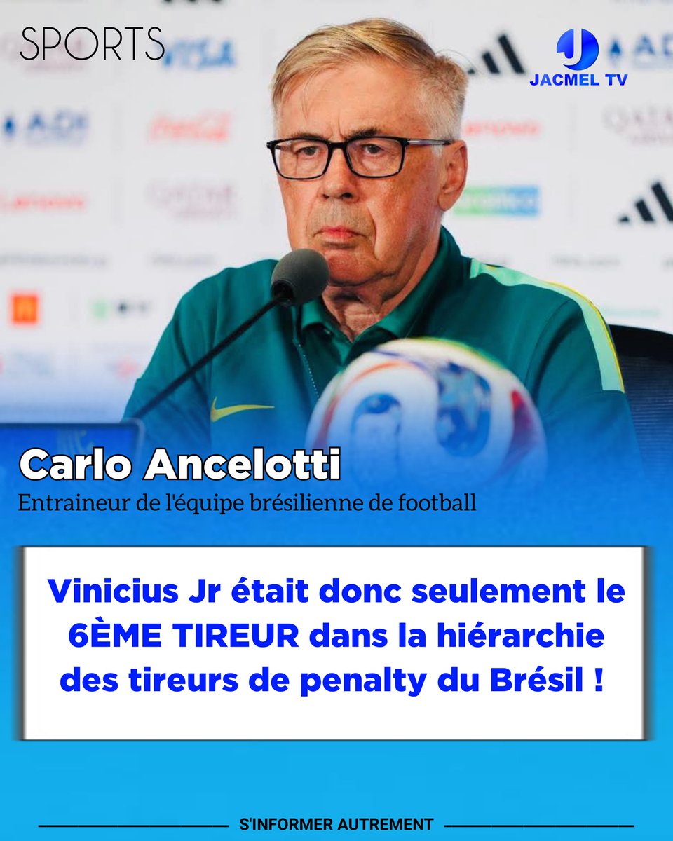 JacmelTV's tweet photo. L'entraîneur de la sélection brésilienne de football explique pourquoi Vinicius Jr n'a pas tiré le penalty. https://t.co/wWZiAx16PD