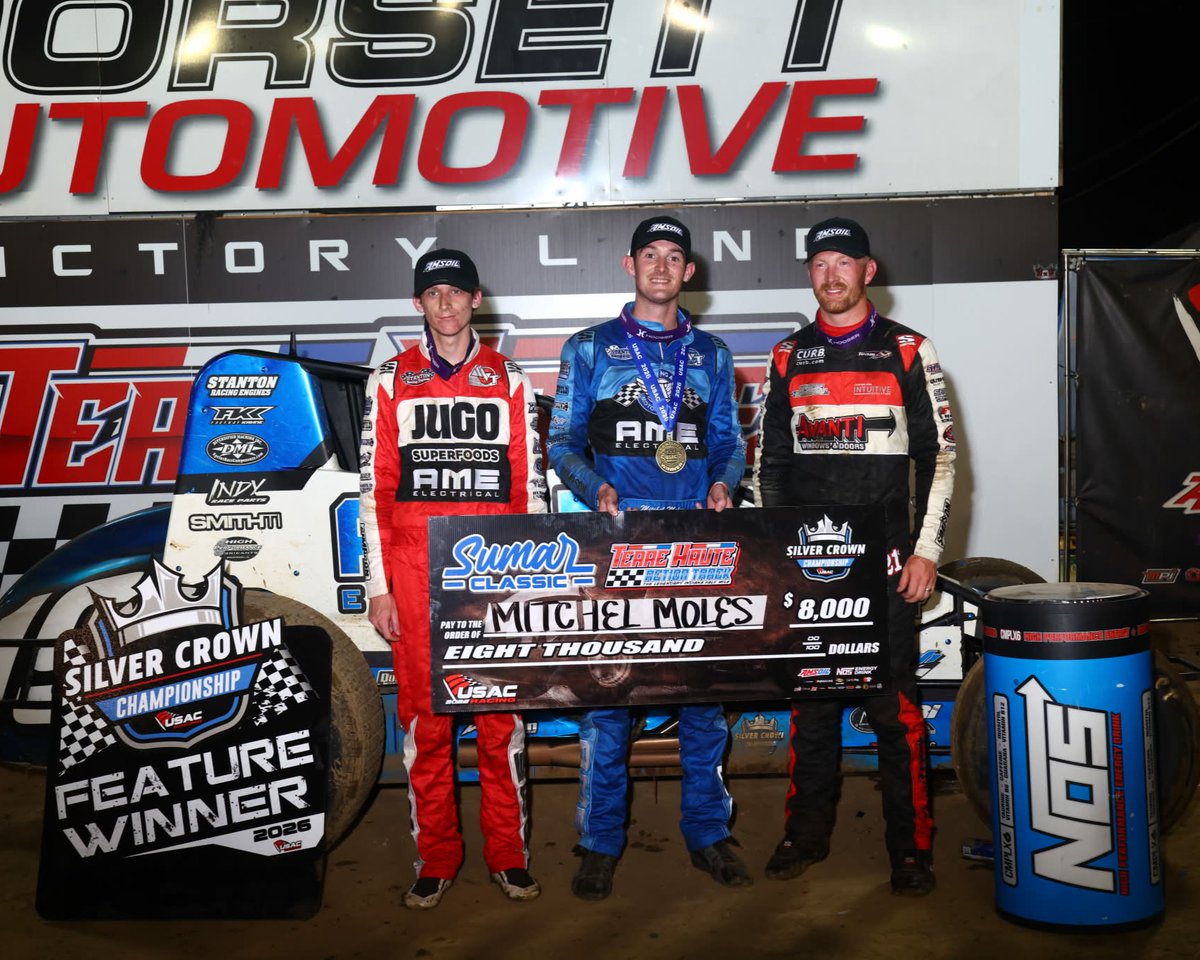 USACNation's tweet photo. 𝑺𝒖𝒎𝒂𝒓 𝑷𝒐𝒅𝒊𝒖𝒎! 👏
Tonight's top-3 USAC Silver Crown #SumarClassic finishers at the Terre Haute Action Track. 👇
🥇 @mitchelmoles01 || @RUMotorsports #19
🥈 Hayden Reinbold || @RUMotorsports #119
🥉 @CJ_Leary_ || @teamazracing21 / @_PPR3p / Rossi / Curb-Agajanian #21 https://t.co/tErZIoCcWI