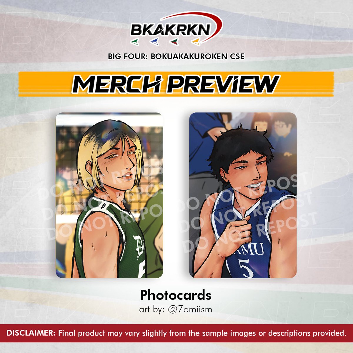 bkakrkncse's tweet photo. 📢 MERCH PREVIEW: Photocards

Grabeng mga braso ‘yan. Oh, pumila nang maayos, lahat mahe-headlock. 💪

See the boys proudly representing their respective colors through @7omiism’s amazing artworks! Sana masakal nila tayo...

#HQBig4CSE #BokuAkaKuroKenCSE https://t.co/10mwCc1Jkm