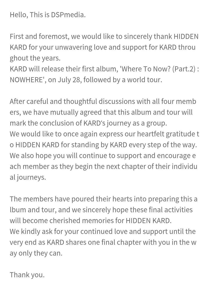4SominAndBM's tweet photo. [🔔] DSP Media announces KARD will end group activities following the release of their full album and world tour. https://t.co/eVazgIwk6N