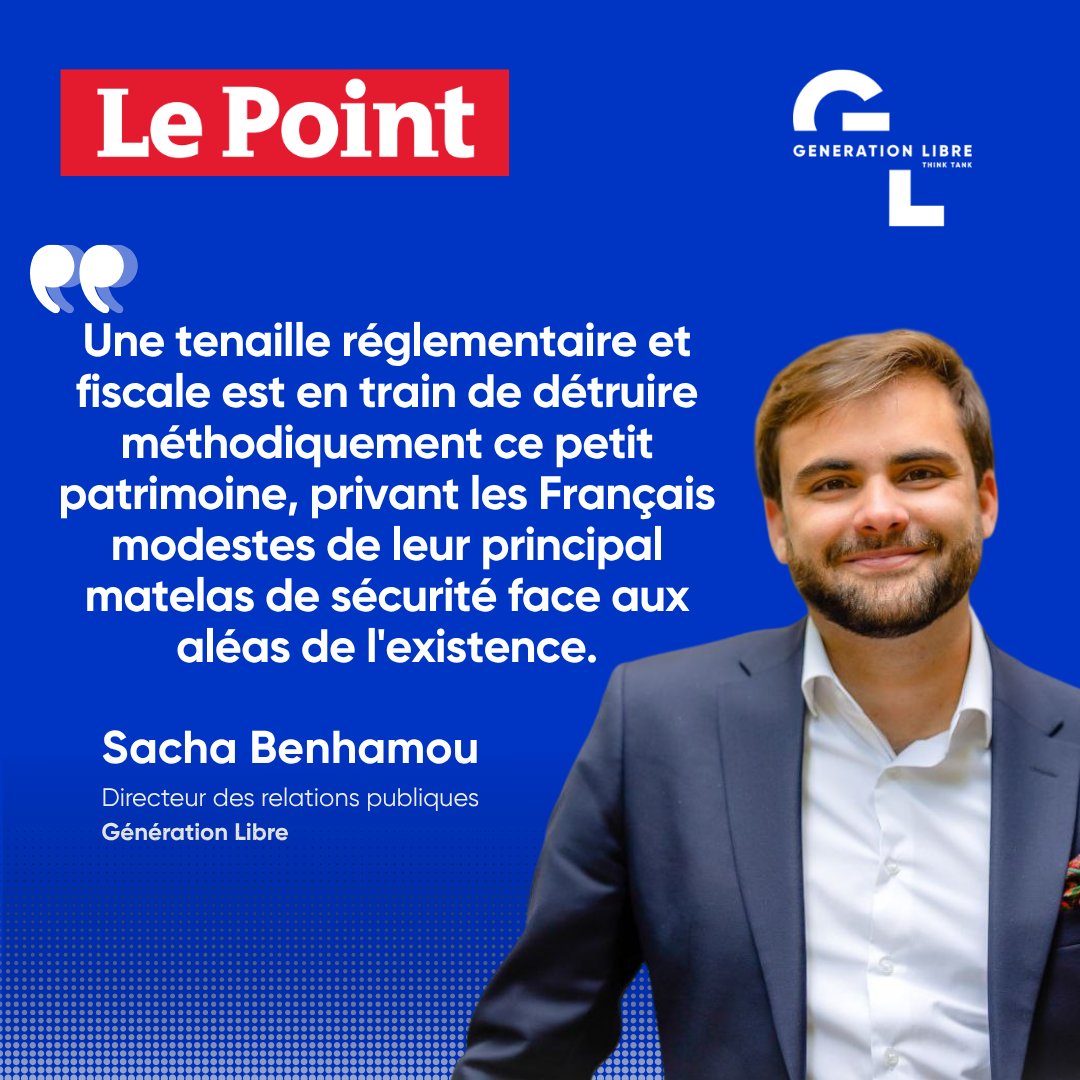 GLthinktank's tweet photo. Une tenaille réglementaire et fiscale est en train de détruire méthodiquement le patrimoine des classes moyennes.

Dans @LePoint, @sachabenhamou_, directeur des relations publiques de Génération Libre, analyse les causes de cette érosion silencieuse.

🔹 Le DPE, conçu comme un outil d'information, est devenu un instrument de coercition : jusqu'à 100 000 € de travaux imposés, une décote pouvant atteindre 49 % de la valeur des passoires thermiques.

🔹 Les ZFE accélèrent la dévalorisation des voitures d'occasion des travailleurs périurbains, pendant que le ZAN rend inconstructible le foncier de nombreux propriétaires ruraux.

🔹 L'encadrement des loyers et la loi Le Meur asphyxient le rendement locatif, alors que la taxe foncière a bondi de 37,3 % en dix ans.

🔹 Pendant ce temps, l'épargne financière reste prisonnière des livrets réglementés (956 milliards d'euros), au détriment de l'actionnariat populaire : l'encours des PEA est 8 fois inférieur à celui des livrets.

Face à ce désastre patrimonial, Sacha Benhamou porte trois propositions : la suppression des DMTO, la défiscalisation totale du PEA sur le modèle du Livret A, et une véritable éducation financière dès le secondaire.

L'accès à la propriété et au capital a toujours été le moteur de l'émancipation des classes moyennes. Il est temps de cesser de le confisquer.

#GénérationLibre #Patrimoine #ClassesMoyennes #Fiscalité #Propriété