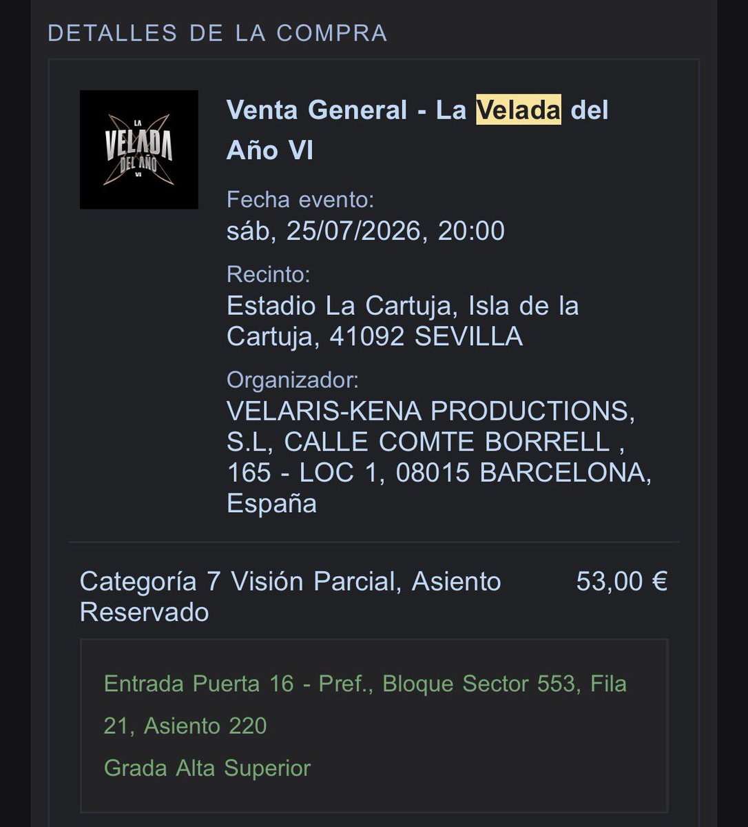alecabas05's tweet photo. Vendo entrada para la Velada 2026 (Sevilla) a precio de coste. No busco sacar beneficio, solo recuperar el dinero. ¡Escribidme al MD los interesados! 🥊🔥 https://t.co/WXtxBFdcYZ